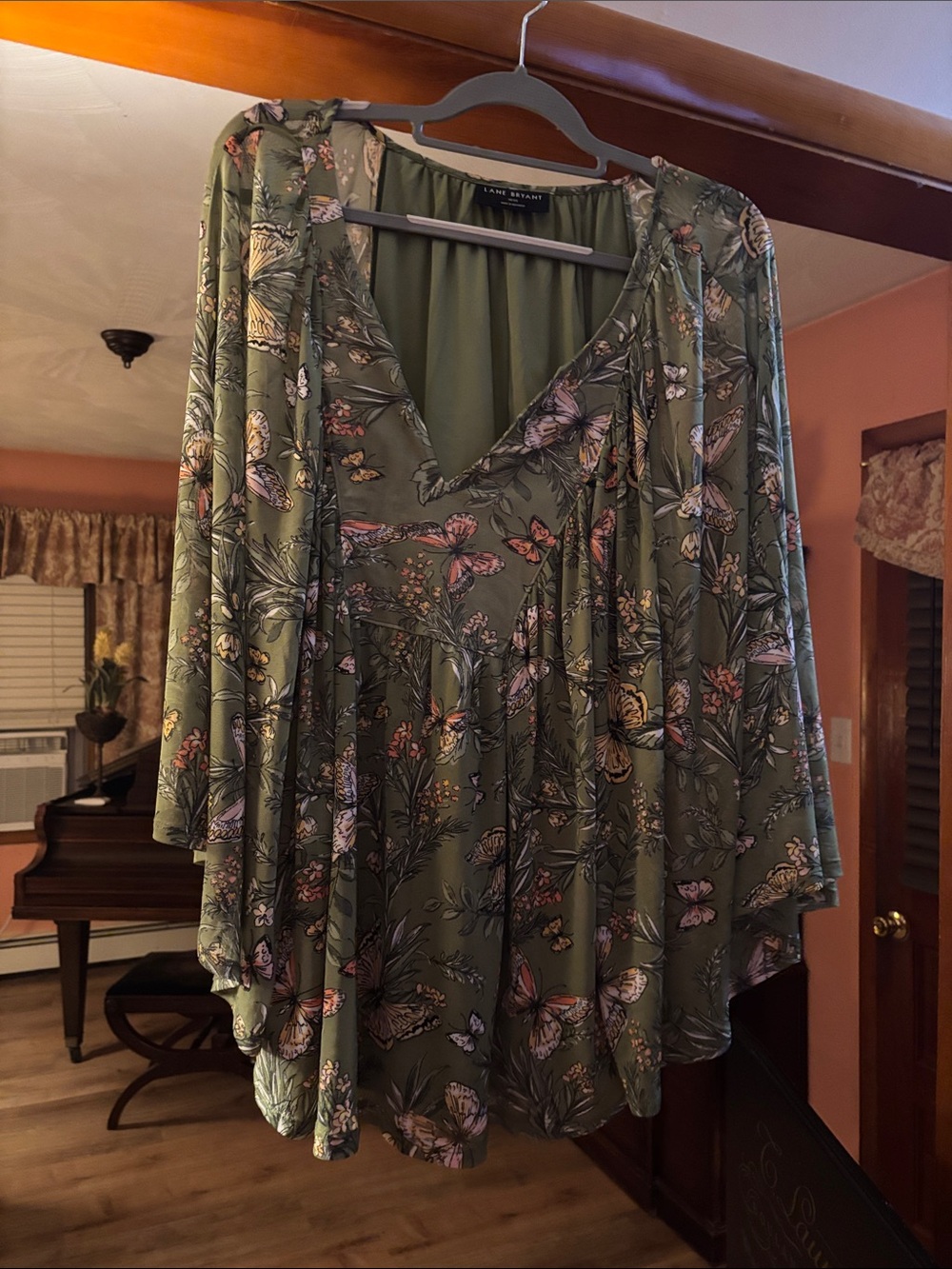 Lane Bryant Olive Green Butterfly Floral V-Neck Tunic